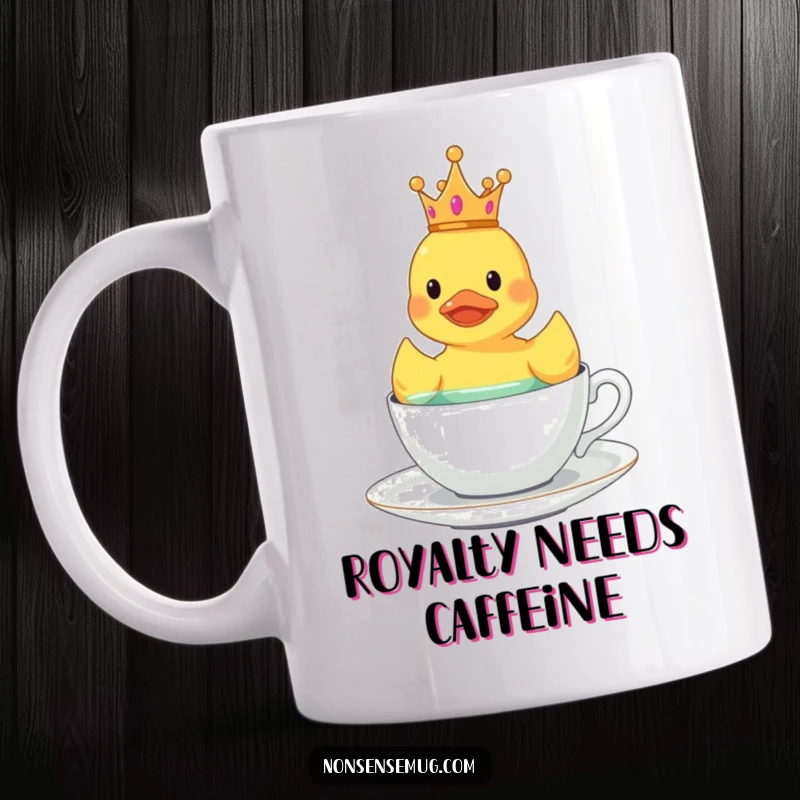 Funny rubber duck wearing a tiny crown, floating serenely in a teacup on a mug.