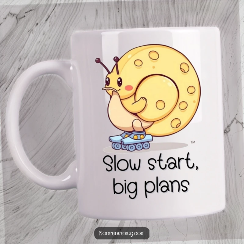 Funny mug: A snail on roller skates struggles comically to move an enormous wheel of cheese, showing immense effort.