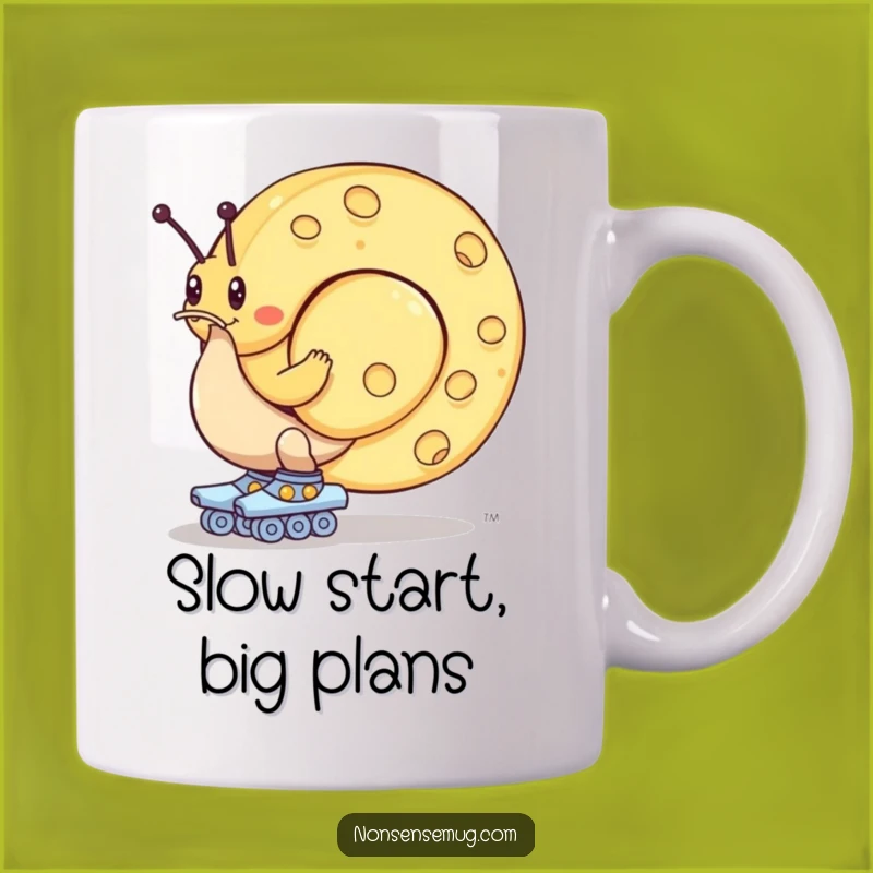 Funny Snail Cheese Mug: Roller Skating Slowpoke with Giant Wheel, Perfect Humorous Gift
