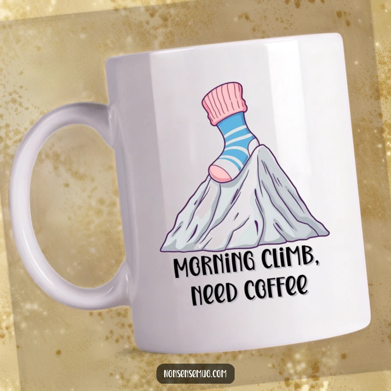 Funny Mug featuring a brave sock heroically climbing a massive pile of laundry, symbolizing overcoming chores.