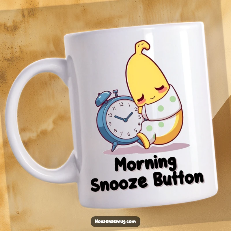 Funny sleepy banana in pajamas attempting to hug an alarm clock, yearning for more sleep on a mug.
