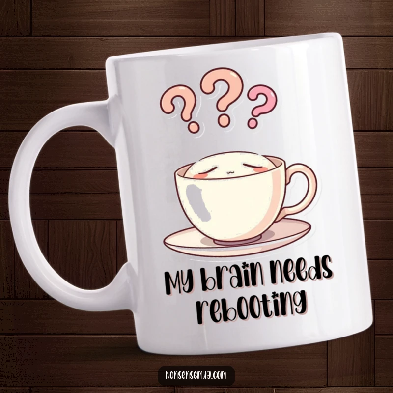 Funny sleeping teacup with steam rising in question marks, on a mug, perfect for coffee lovers needing a morning laugh.