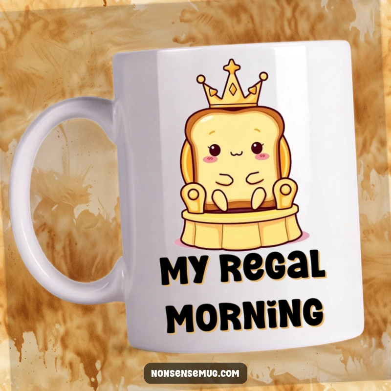 Funny toast slice mug with a tiny crown, sitting regally on a banana peel throne, embodying breakfast humor.