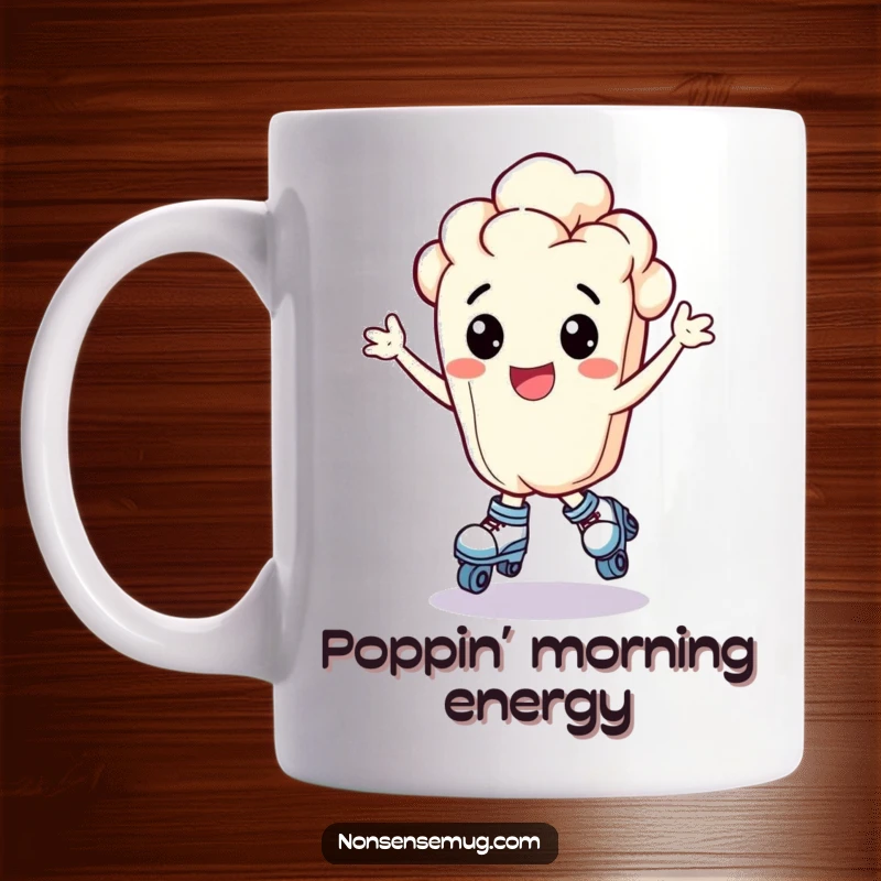 Funny bouncing popcorn kernel wearing tiny roller skates and looking exhilarated, depicted on a mug, a super funny gift.