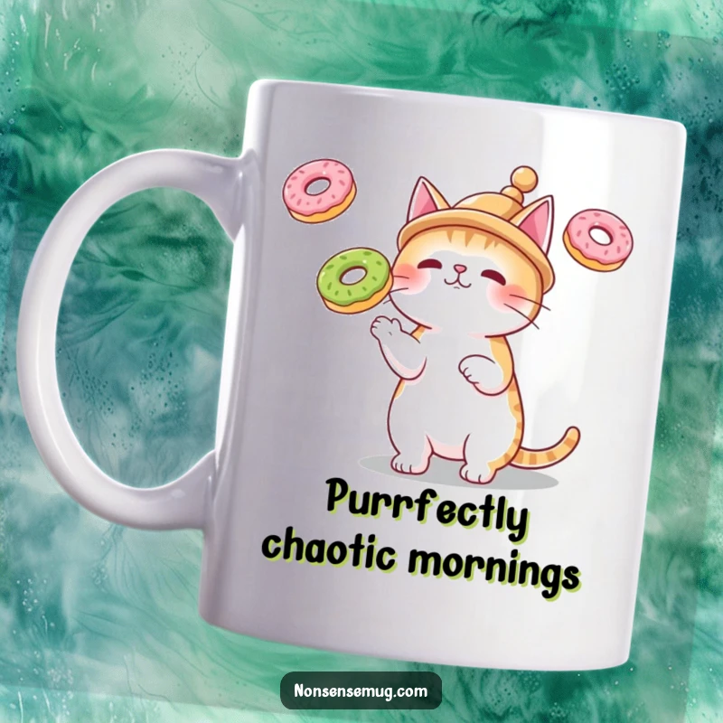 Funny mug of a cat wearing a tiny hat, skillfully juggling three floating donuts, a delightful and humorous gift.