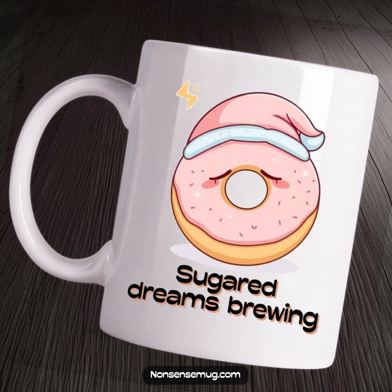 Funny sleepy donut wearing a tiny nightcap and snoring loudly, depicted on a mug, perfect for a sweet and funny gift.