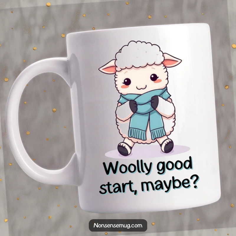 Funny sheep knitting a wool scarf on its own feet, showcasing its adorable clumsy crafting effort on this ceramic mug.
