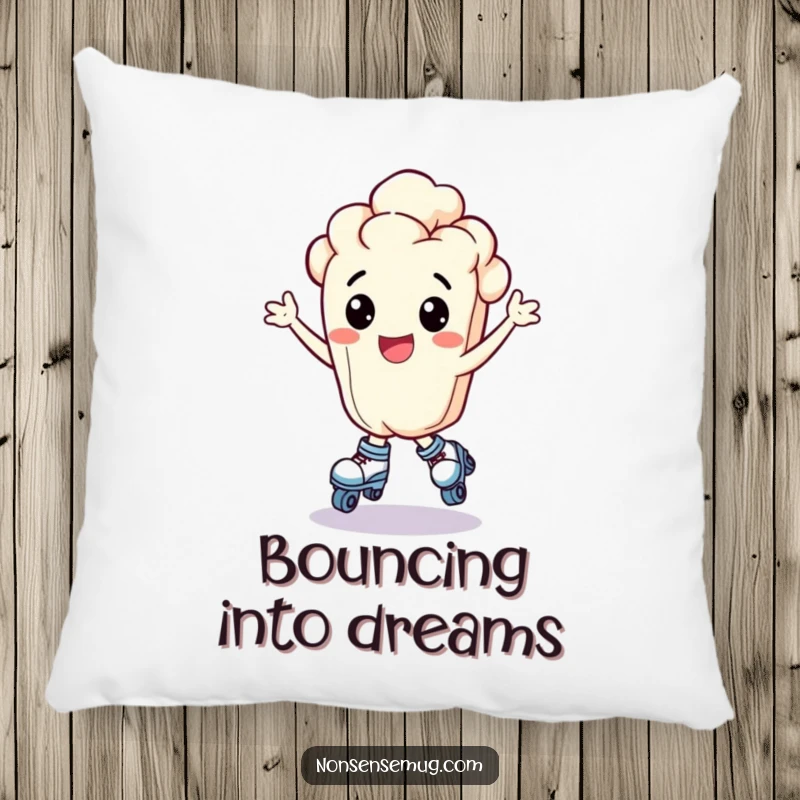 Funny bouncing popcorn kernel wearing tiny roller skates and looking exhilarated, on a soft pillow, a cozy funny gift.