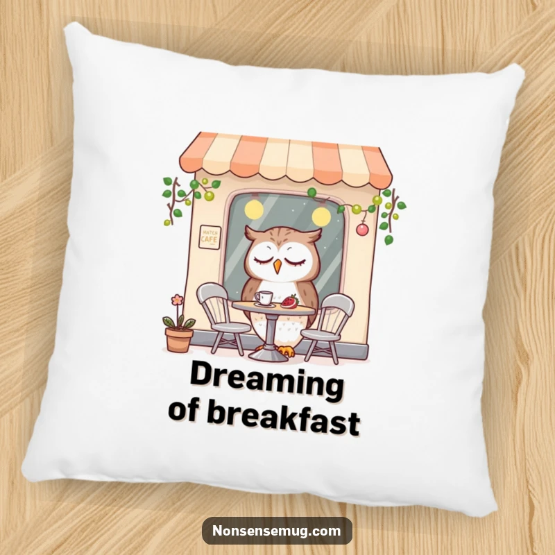 Funny pillow with a soft texture, showcasing a drowsy owl character having breakfast at a miniature cafe, perfect for lounging.