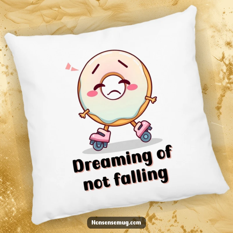 Funny Pillow featuring a confused donut hilariously trying to skate, perfect for adding a touch of silliness to decor.