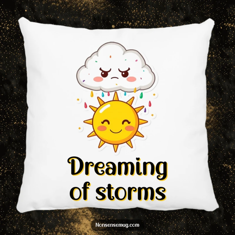 Funny pillow: A grumpy cloud raining colorful sprinkles onto a happy sun. Soft, plush, and humorously charming home decor.