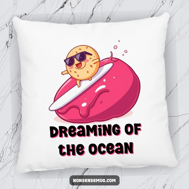 Soft and decorative funny pillow depicting a bagel surfing on jam, bringing breakfast cheer to any room.