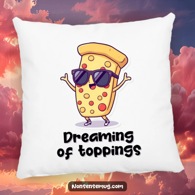 Funny pillow displaying a slice of pizza wearing sunglasses and dancing, bringing a fun and comfortable element to any room.