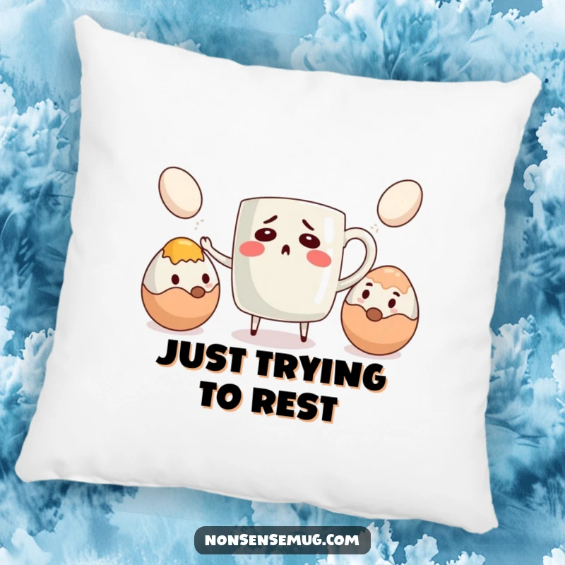 Funny pillow featuring a bewildered coffee mug attempting to juggle eggs, adding humorous chaos and comfort.