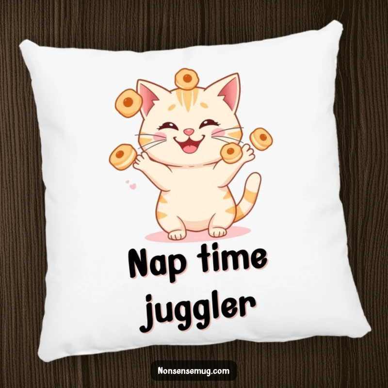 Funny cat juggling sentient breakfast pastries with a silly grin, printed on a soft decorative pillow. A humorous and cozy accent.