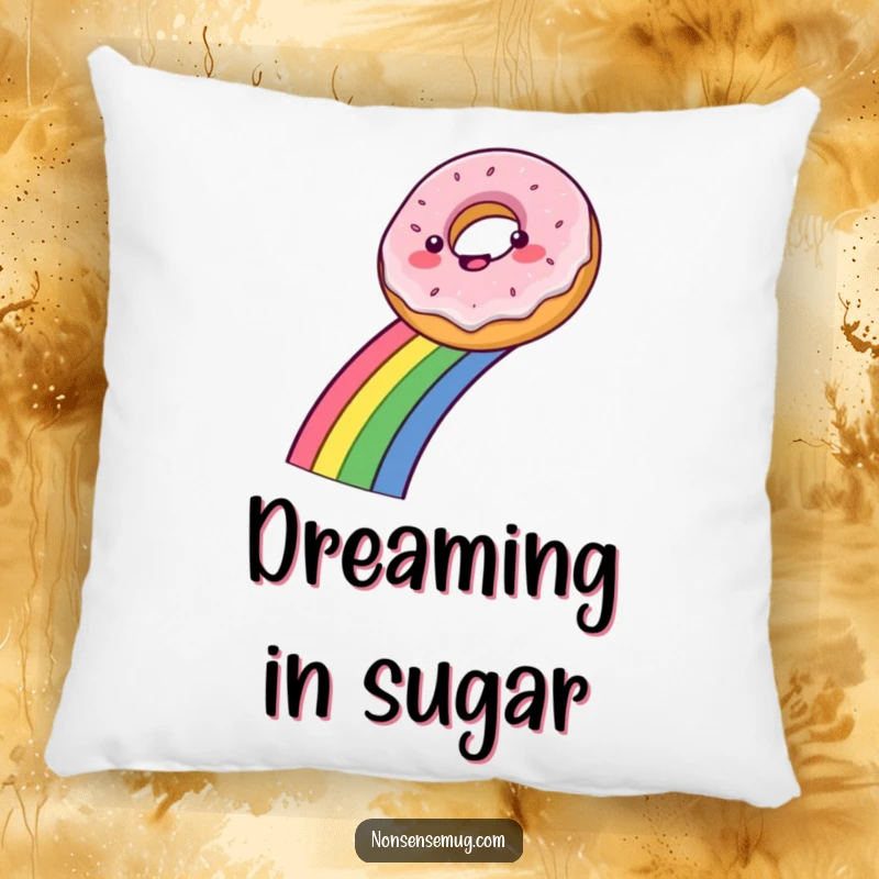 Funny pillow featuring a happy donut sliding down a vibrant rainbow, perfect for adding soft comfort and cheer.