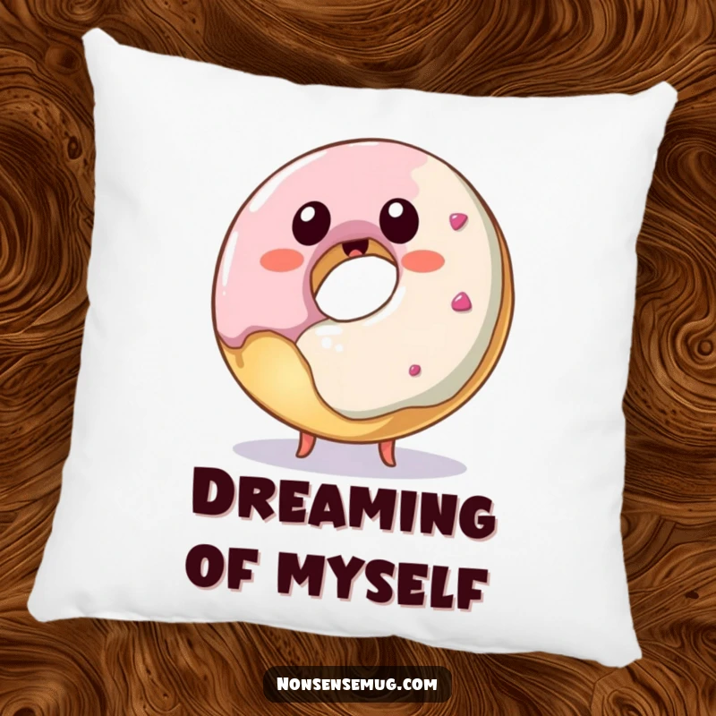 Funny donut pillow, a soft cushion featuring a playful donut attempting to eat itself, great for comfort.
