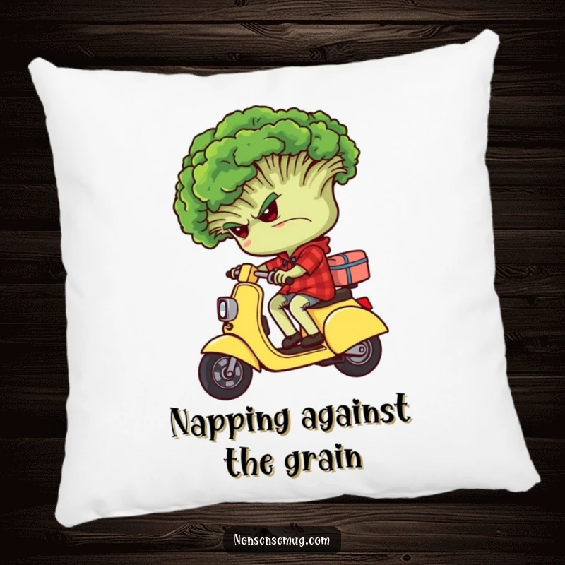 Soft pillow featuring a funny grumpy broccoli character riding backwards on a tiny scooter.