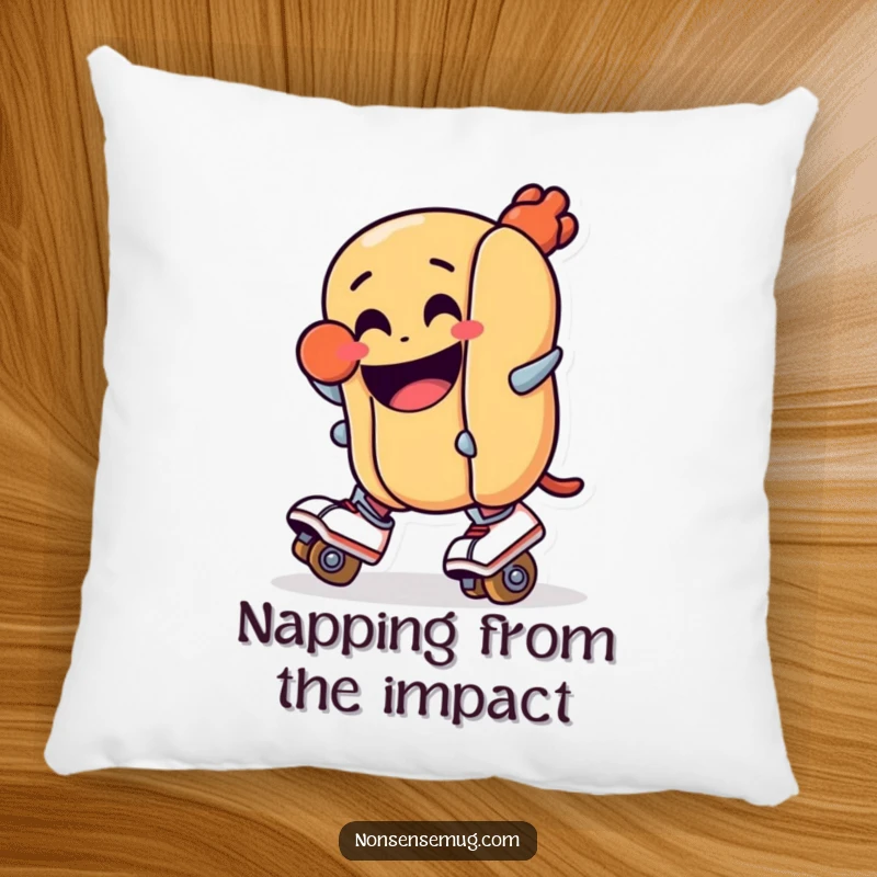 Funny pillow: A grinning hot dog in roller skates, comically about to fall. Soft, plush, and undeniably funny home decor.