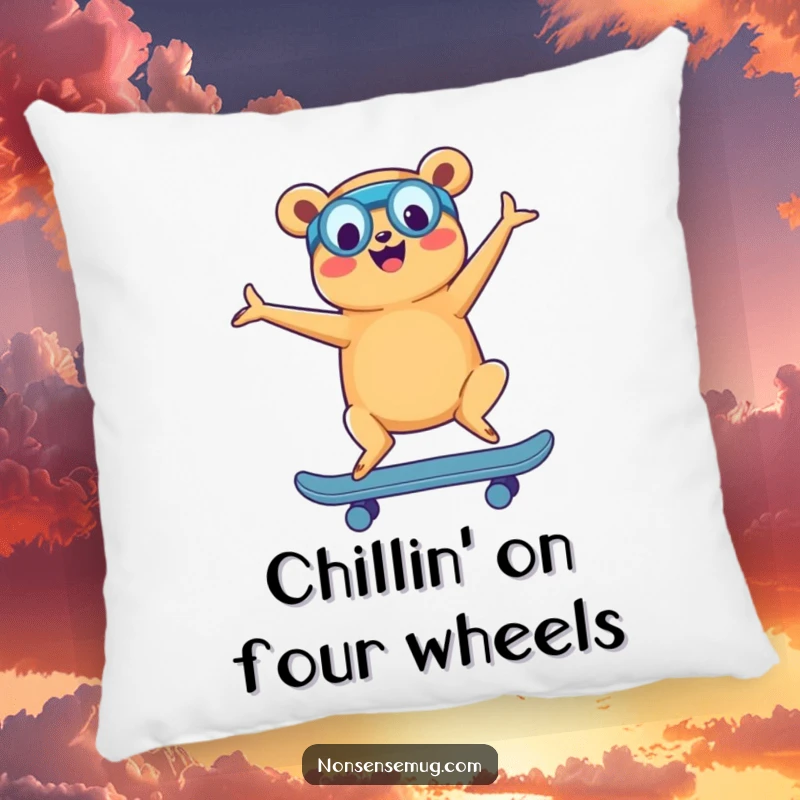 Funny pillow featuring a cheerful hot dog in a yoga pose, balancing on a skateboard, adding a touch of whimsy.