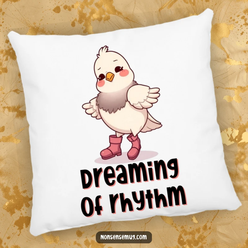 Funny pigeon wearing boots, awkwardly dancing, depicted on a soft pillow, adding a touch of whimsical humor to any space.