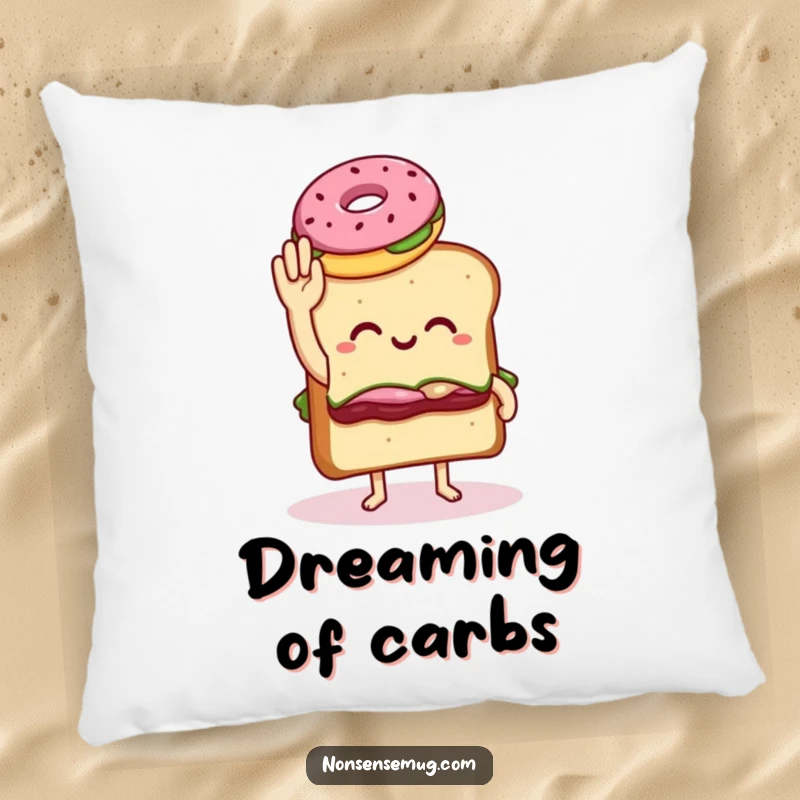Funny pillow depicting a sandwich with legs awkwardly high-fiving a donut, offering comfortable, humorous, and quirky decorative flair.