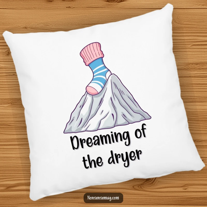 Funny Pillow featuring a brave sock climbing Mount Laundry, perfect for adding a touch of heroic humor to decor.