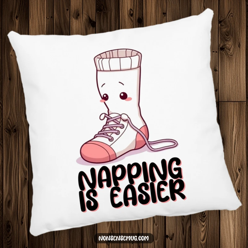 Funny sock character diligently trying to tie its laces, depicted on a soft pillow, adding a humorous and comforting touch.