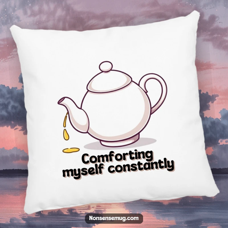 A soft, plush pillow featuring a funny teapot character hilariously pouring tea into its own spout.