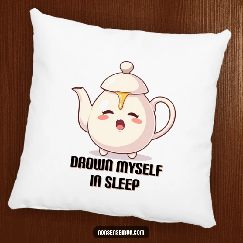 Funny pillow: A teapot aggressively pours hot tea onto its own lid, a comical scene of self-made chaos.