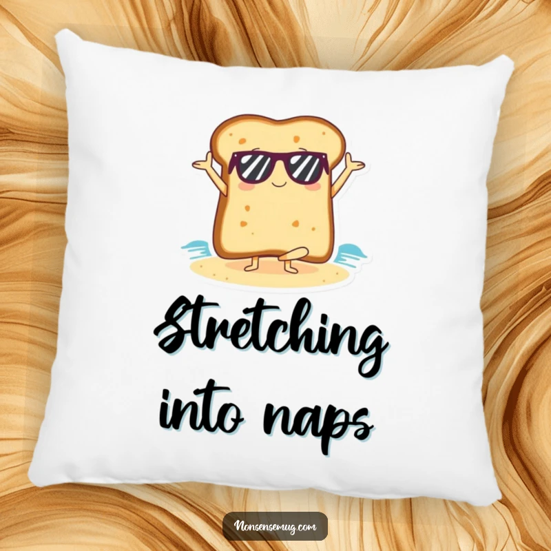 Funny slice of toast in sunglasses doing a yoga pose on a beach, depicted on a soft pillow.