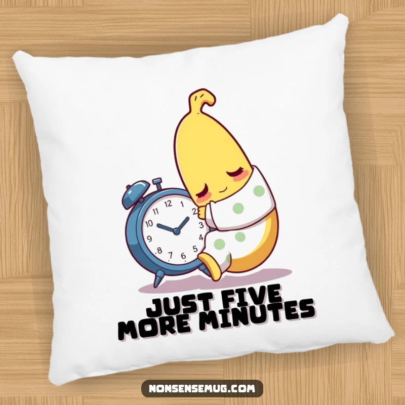 Soft pillow featuring a funny sleepy banana character in pajamas, hugging an alarm clock.