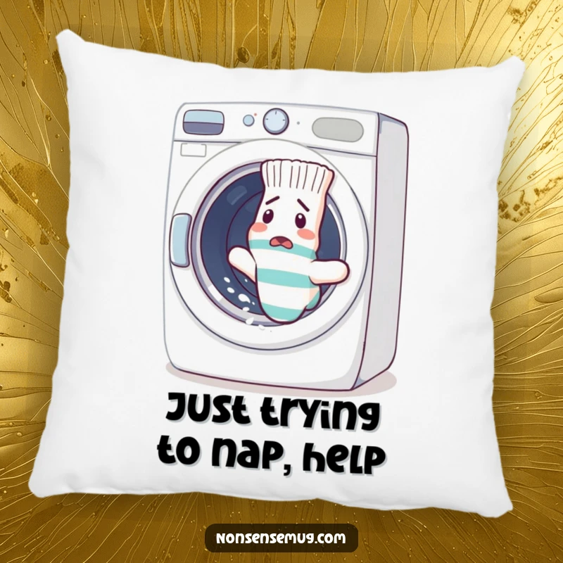 Funny sock escaping a washing machine on a soft pillow, looking bewildered. A humorous and comfortable funny gift for any occasion.