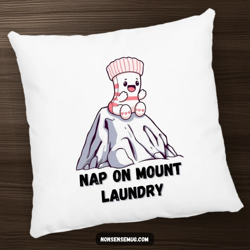 Funny sock pillow with a brave sock heroically climbing a mountain of laundry, offering cozy comfort and humorous adventure.