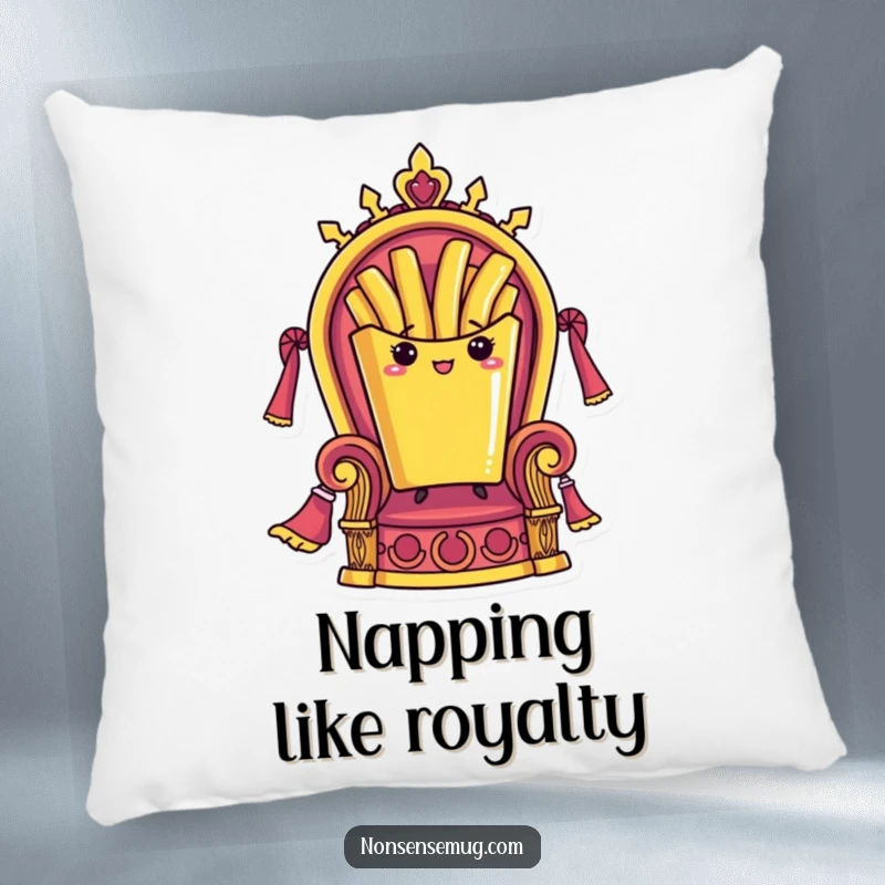 Funny pillow depicting a French fry sitting proudly on a throne, offering a comfortable and humorous accent for any room.