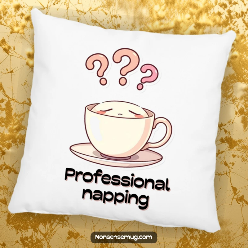 Soft and decorative funny pillow featuring a sleeping teacup with steam shaped into question marks, ideal for cozy humor.