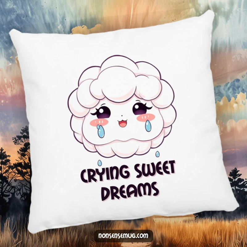 Funny pillow design of a fluffy cloud contentedly crying large, sparkly tears of pure joy, perfect for a cozy embrace.