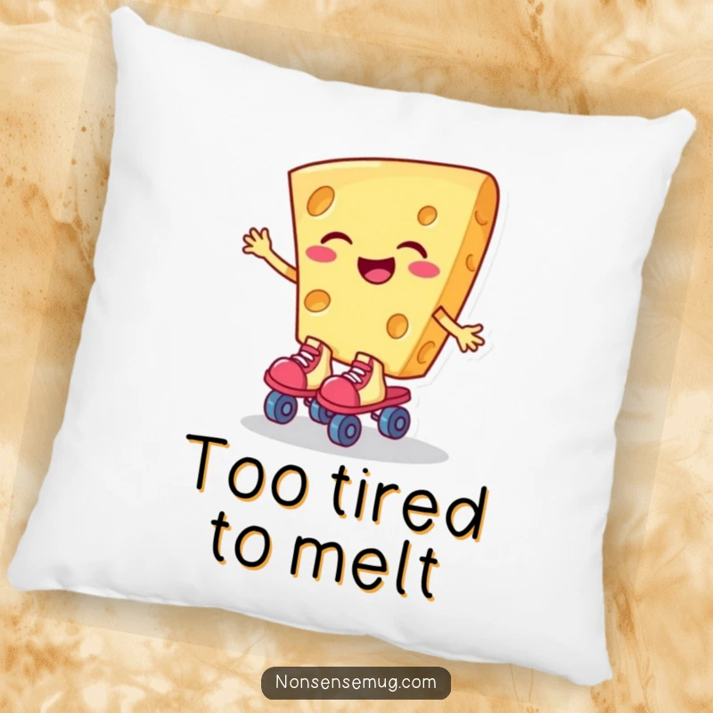 Funny pillow featuring a giggling slice of cheese on roller skates, adding a touch of whimsical humor to any sofa.