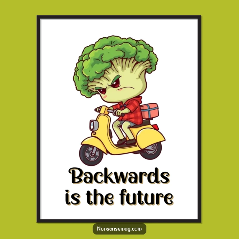 Funny Grumpy Broccoli Art Print - Hilarious Scooter Ride Decor