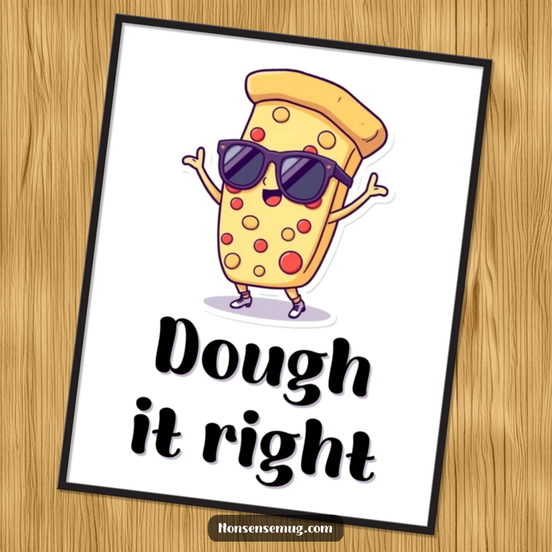 Funny digital art print of a dancing pizza slice wearing sunglasses, adding a burst of fun and energy to any room.