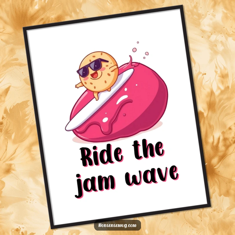 Funny digital art print of a bagel surfing on jam, perfect for instant, humorous kitchen or dining room decor.