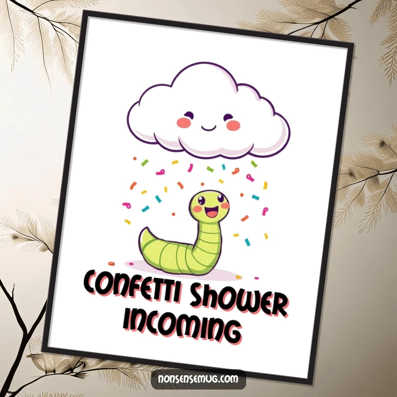 Funny happy cloud raining colorful confetti on a bewildered worm, as a digital art print.