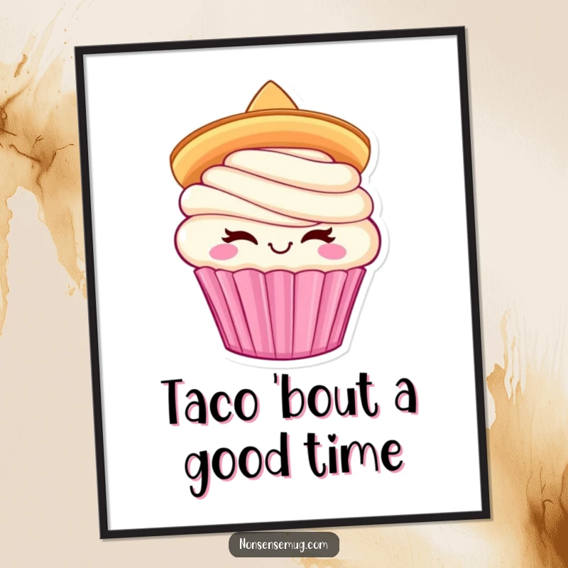 Funny Cupcake Sombrero Digital Art: Winking cupcake wearing a sombrero, ideal for festive and humorous wall art.