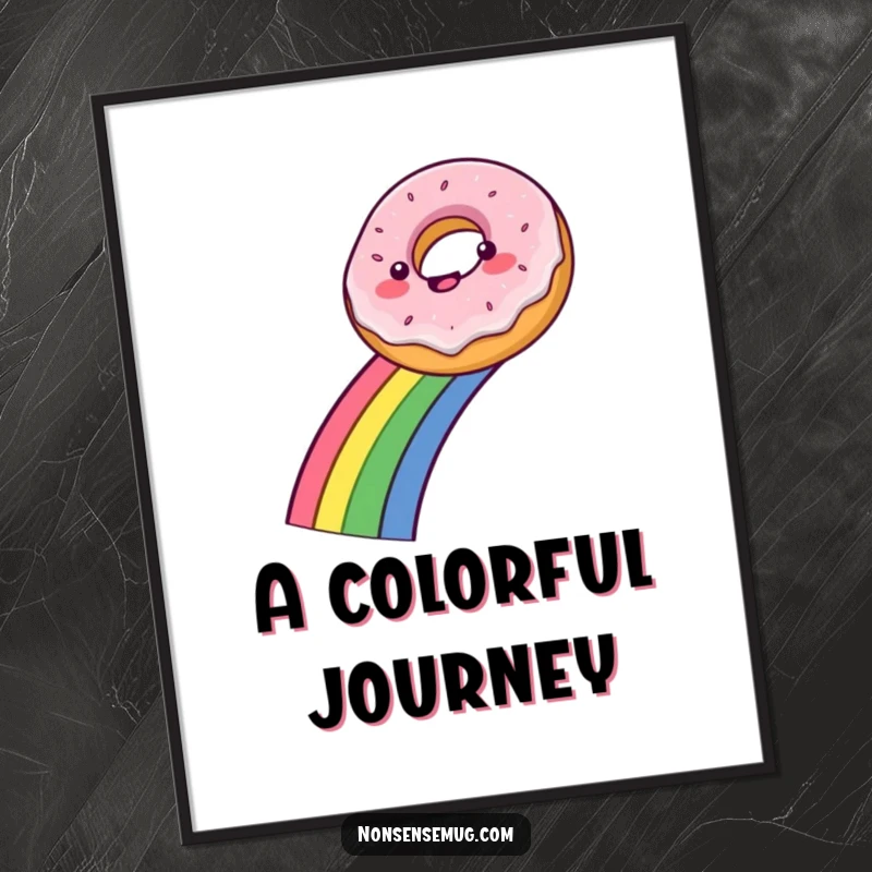 Funny digital art print of a delighted donut sliding down a colorful rainbow, perfect for adding a joyful touch.