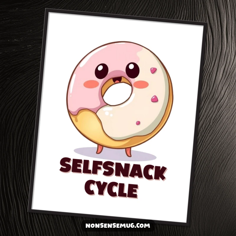 Funny donut digital art, a printable featuring a playful donut attempting to eat itself, instant decor.