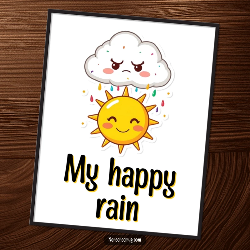 Funny digital art print: A grumpy cartoon cloud raining colorful sprinkles onto a beaming sun. High-resolution, whimsical, and funny.
