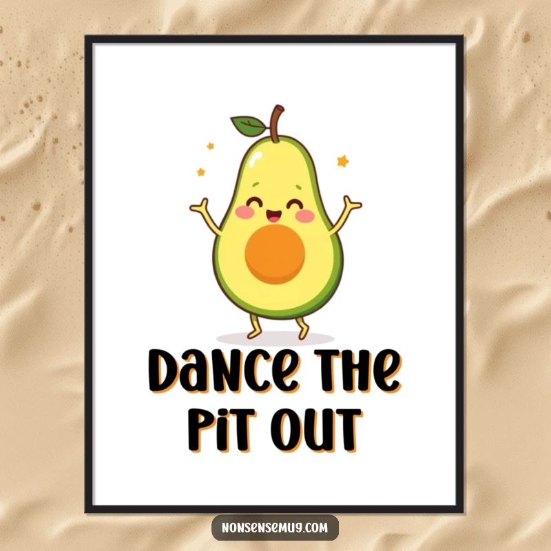 Funny Avocado Digital Art Print: High-resolution funny art of a happy avocado character dancing with infectious energy.