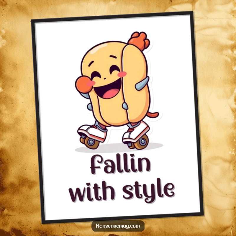 Funny digital art print: A hot dog in roller skates, comically about to fall with a huge grin. High-resolution, humorous illustration.