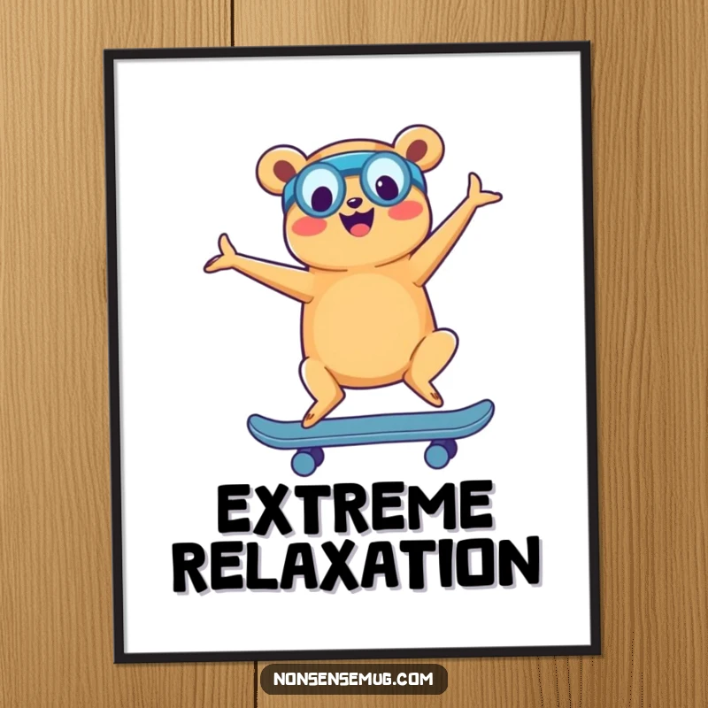 Funny digital art print of a happy hot dog in a yoga pose on a skateboard, perfect for quirky home decor.