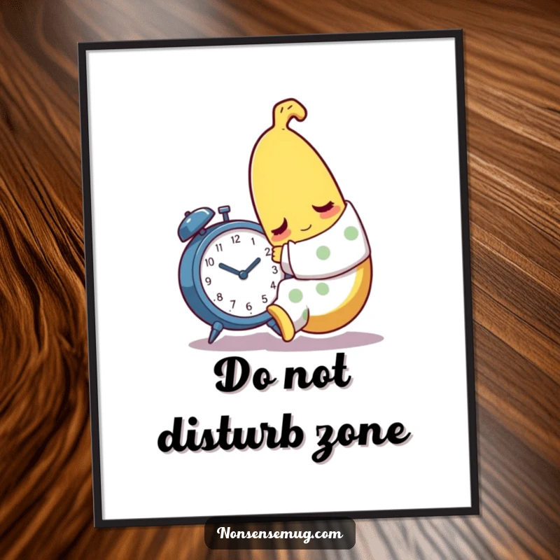 Funny sleepy banana character in pajamas, hilariously hugging an alarm clock, as a digital art print.